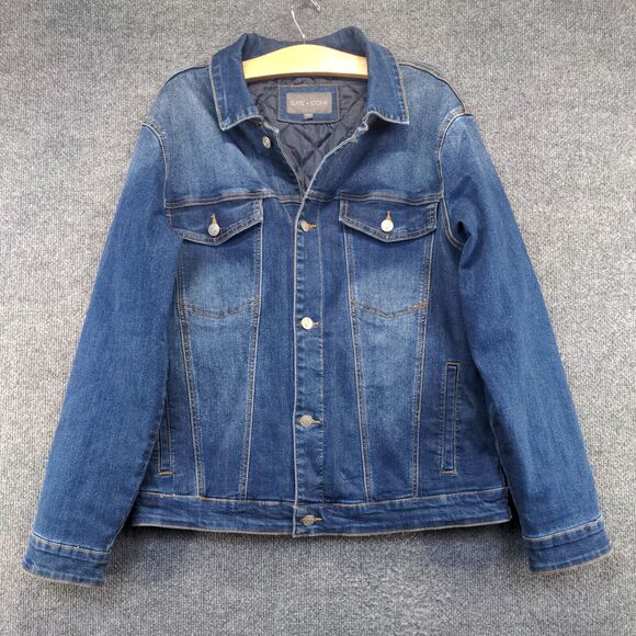 Slate & Stone Men's Denim Trucker Jacket Medium Long Sleeve Blue Flap Pockets - Picture 2 of 12